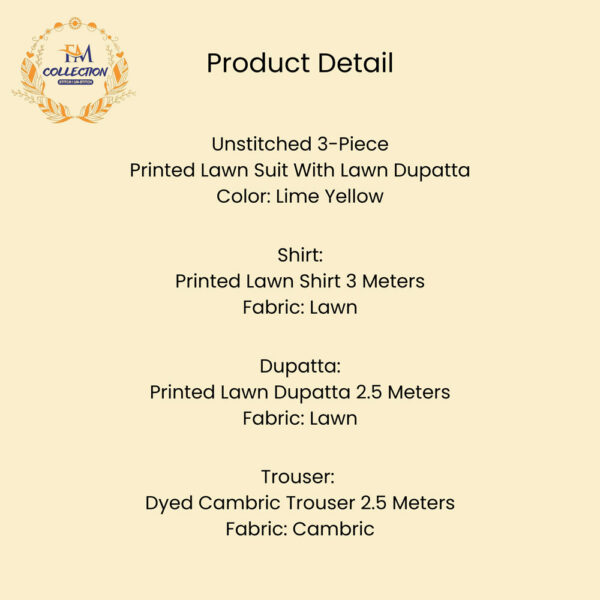 3 Pc Printed Lawn Suit With Lawn Dupatta Lime Yellow - Image 2