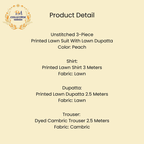 3 Pc Printed Lawn Suit With Lawn Dupatta Peach - Image 2