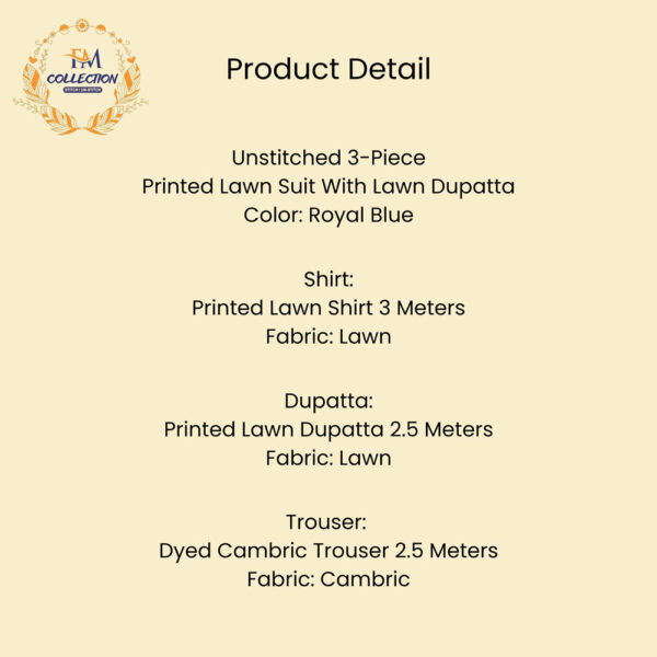 3 Pc Printed Lawn Suit With Lawn Dupatta Royal Blue - Image 2