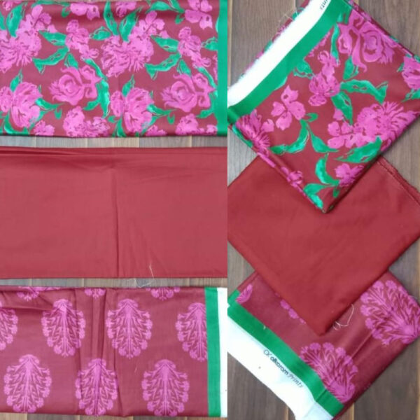 3 Pc Printed Lawn Suit With Lawn Dupatta Maroon Red